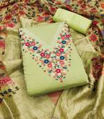 Manvaa women's light green unstitched thread work roman silk dress material 