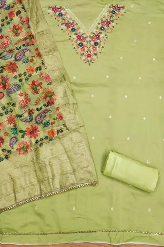 Manvaa women's light green thread work roman silk dress material