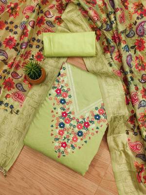 Manvaa women's light green thread work roman silk dress material 3