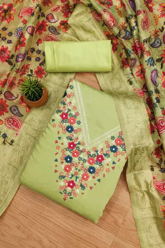 Manvaa women's light green thread work roman silk dress material