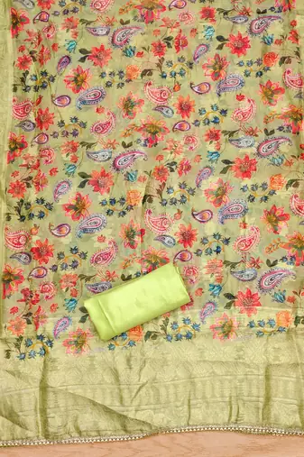 Manvaa women's light green thread work roman silk dress material