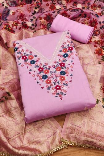 Manvaa women's pink unstitched thread work roman silk dress material 