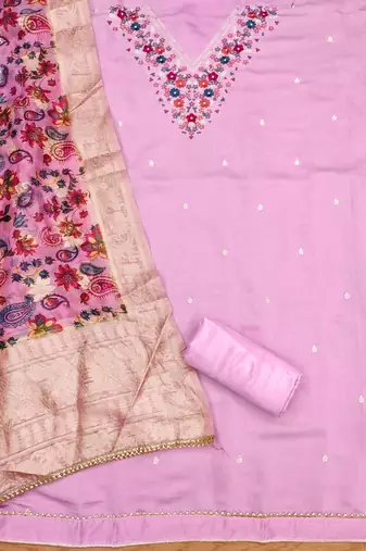 Manvaa women's pink thread work roman silk dress material