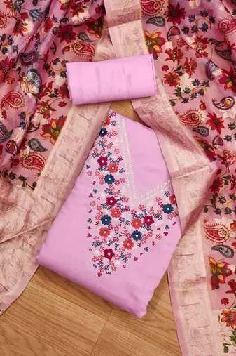 Manvaa women's pink thread work roman silk dress material