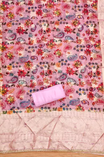 Manvaa women's pink thread work roman silk dress material