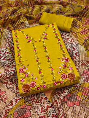 Manvaa women's light green thread work roman pv chanderi silk dress material 1