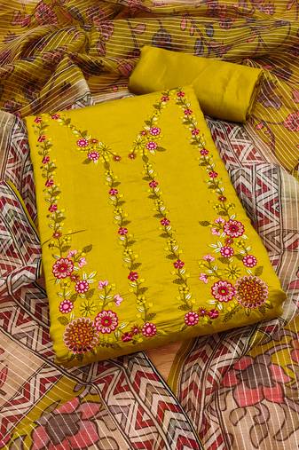 Manvaa women's light green unstitched thread work roman pv chanderi silk dress material 