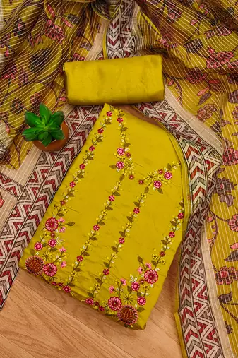 Manvaa women's light green thread work roman pv chanderi silk dress material