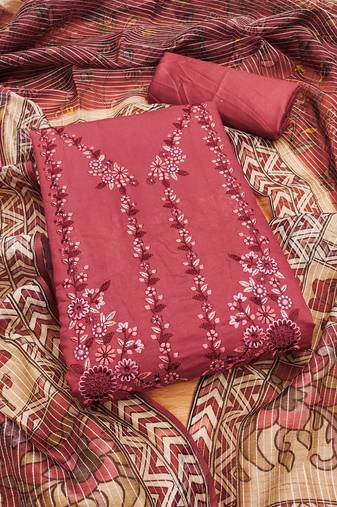 Manvaa women's rust unstitched thread work roman pv chanderi silk dress material 