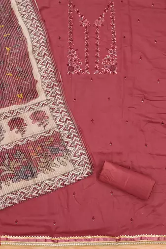 Manvaa women's rust thread work roman pv chanderi silk dress material