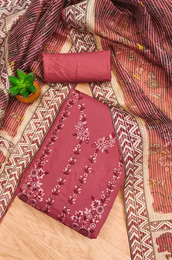 Manvaa women's rust thread work roman pv chanderi silk dress material