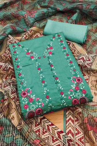 Manvaa women's sea green unstitched thread work roman pv chanderi silk dress material 