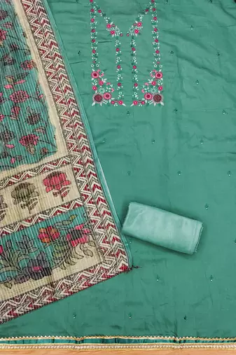 Manvaa women's sea green thread work roman pv chanderi silk dress material