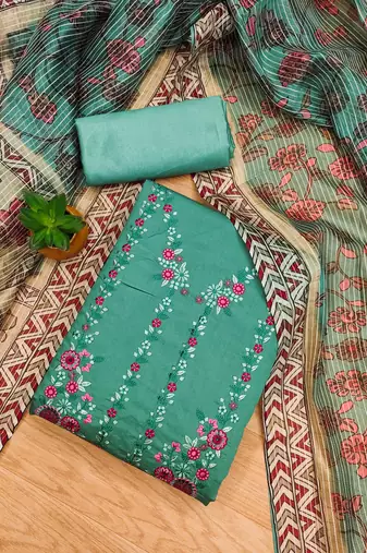 Manvaa women's sea green thread work roman pv chanderi silk dress material
