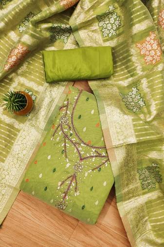 Manvaa women's green unstitched handwork simmer jacquard dress material 