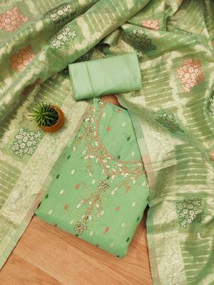 Manvaa women's light green handwork simmer jacquard dress material 1