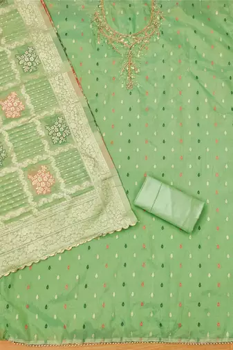 Manvaa women's light green handwork simmer jacquard dress material