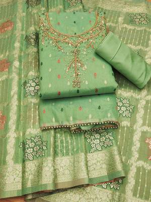 Manvaa women's light green handwork simmer jacquard dress material 3