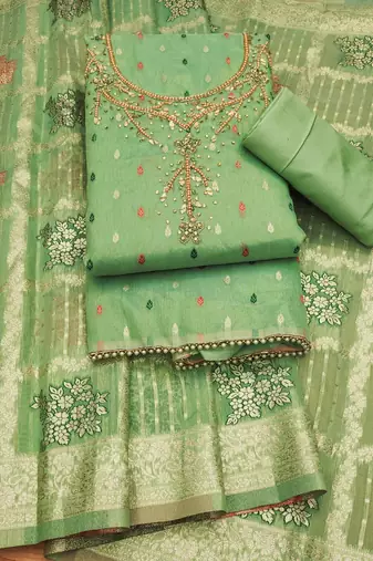 Manvaa women's light green handwork simmer jacquard dress material