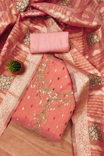 Manvaa women's peach unstitched handwork simmer jacquard dress material (rnx5030pch)