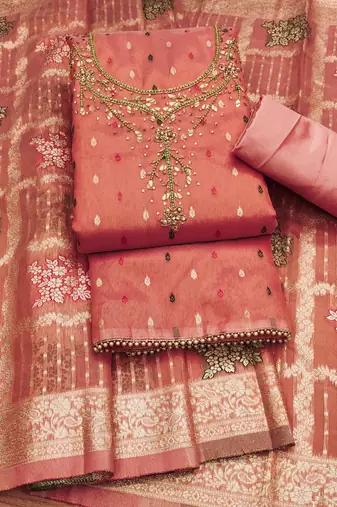 Manvaa women's peach handwork simmer jacquard dress material