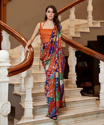 Burnt orange pre-draped hand-block saree with blouse 1