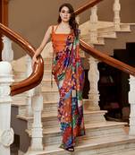 Burnt orange pre-draped hand-block saree with blouse