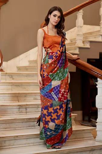 Burnt orange pre-draped hand-block saree with blouse