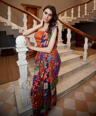 Burnt orange pre-draped hand-block saree with blouse 3