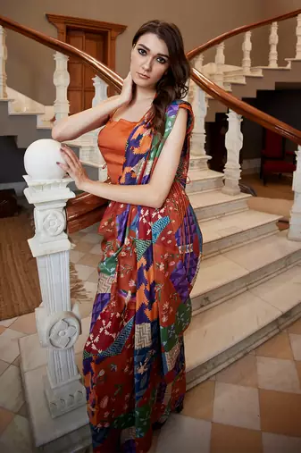 Burnt orange pre-draped hand-block saree with blouse