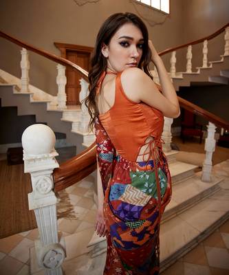 Burnt orange pre-draped hand-block saree with blouse 5