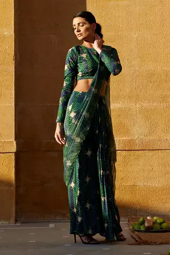 Evergreen pre-draped hand-block saree with blouse