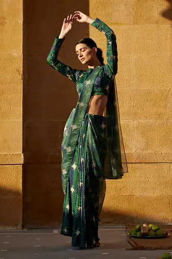 Evergreen pre-draped hand-block saree with blouse
