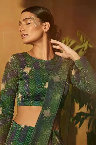 Evergreen pre-draped hand-block saree with blouse