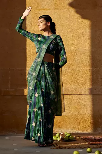 Evergreen pre-draped hand-block saree with blouse