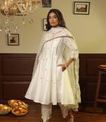White embroidered stitched straight set with dupatta