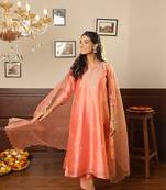 Peach embroidered stitched straight set with dupatta