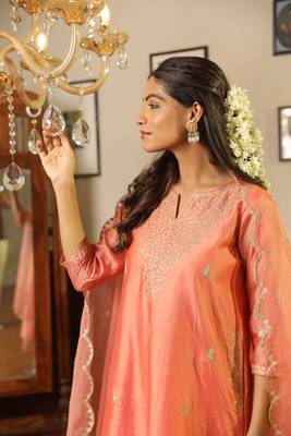 Peach embroidered stitched straight set with dupatta 4