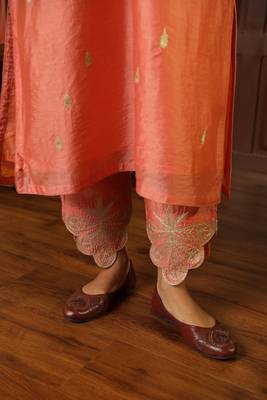 Peach embroidered stitched straight set with dupatta 5