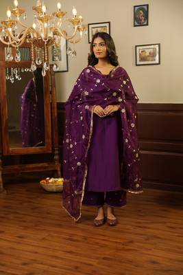 Purple embroidered stitched straight set with dupatta 1