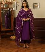 Purple embroidered stitched straight set with dupatta