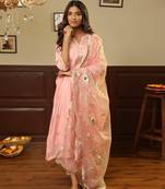 Light pink embroidered stitched straight set with dupatta