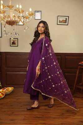 Purple embroidered stitched straight set with dupatta 5