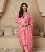 Light pink embroidered stitched straight set with dupatta