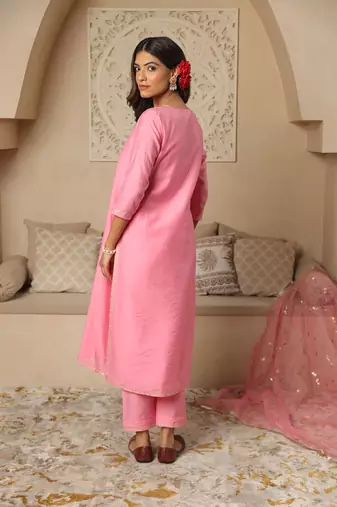Light pink embroidered stitched straight set with dupatta