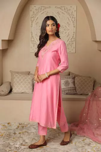 Light pink embroidered stitched straight set with dupatta