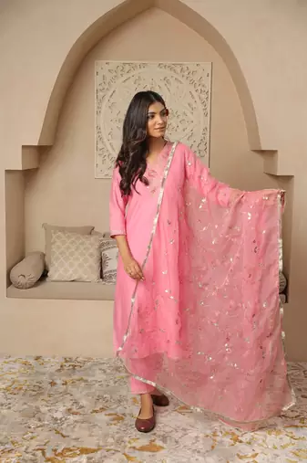 Light pink embroidered stitched straight set with dupatta