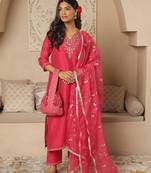 Pink embroidered stitched straight set with dupatta