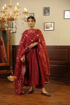 Maroon embroidered chanderi stitched anarkali set with dupatta 1