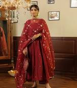 Maroon embroidered chanderi stitched anarkali set with dupatta